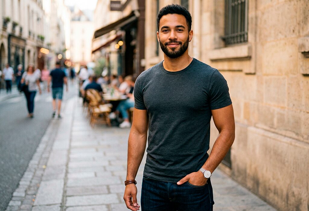 Man wearing a fitted charcoal t-shirt and jeans on a city street, casual and confident.