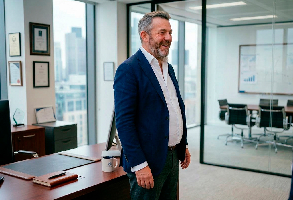 Man in blue blazer showing poor jacket fit across stomach in office setting.