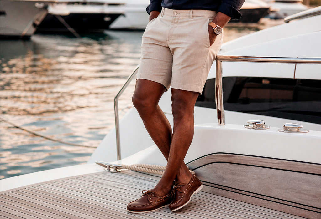 Man wearing leather boat shoes with tailored shorts on a yacht deck.