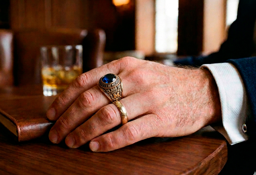 Man wearing gold class ring and wedding band illustrating meaning of rings on ring finger.