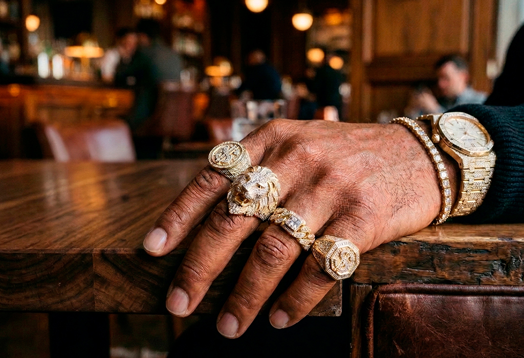 Man wearing bold gold rings and bracelets showing confident masculine jewelry style statement.