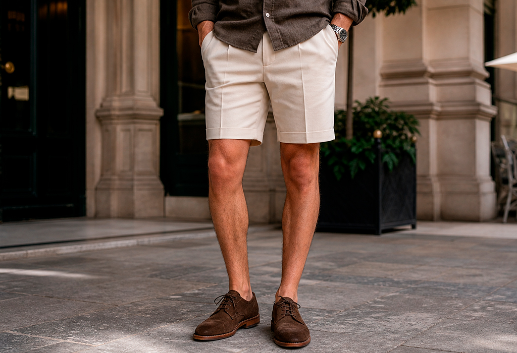 Man wearing suede derby shoes with tailored shorts in smart casual outfit.