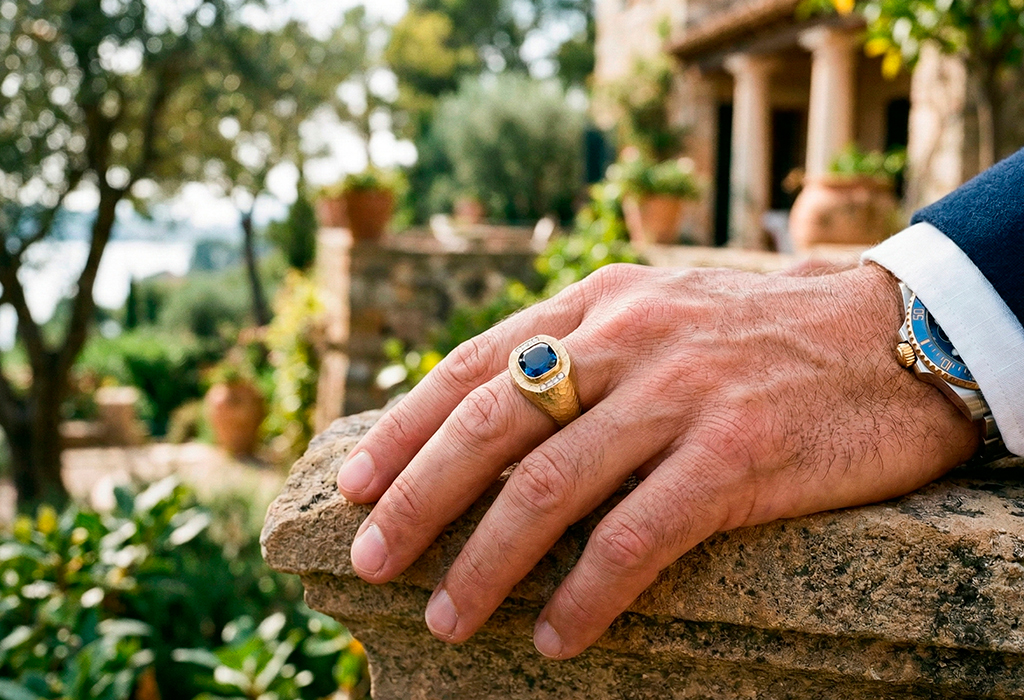Man wearing silver ring on middle finger symbolizing balance responsibility and personal identity.