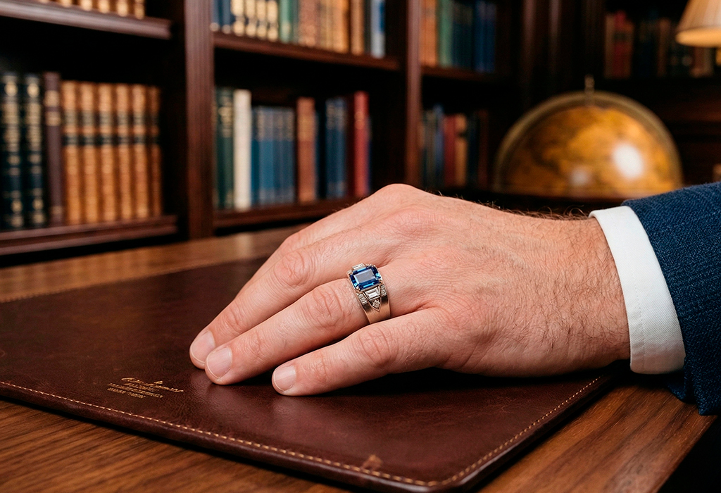Man wearing elegant gemstone ring on ring finger symbolizing marriage commitment and relationship