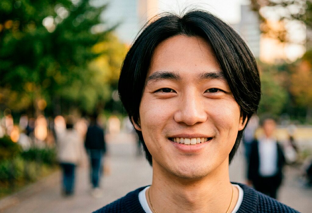 Man with straight hair smiling outdoors in natural light with smooth center-parted hairstyle