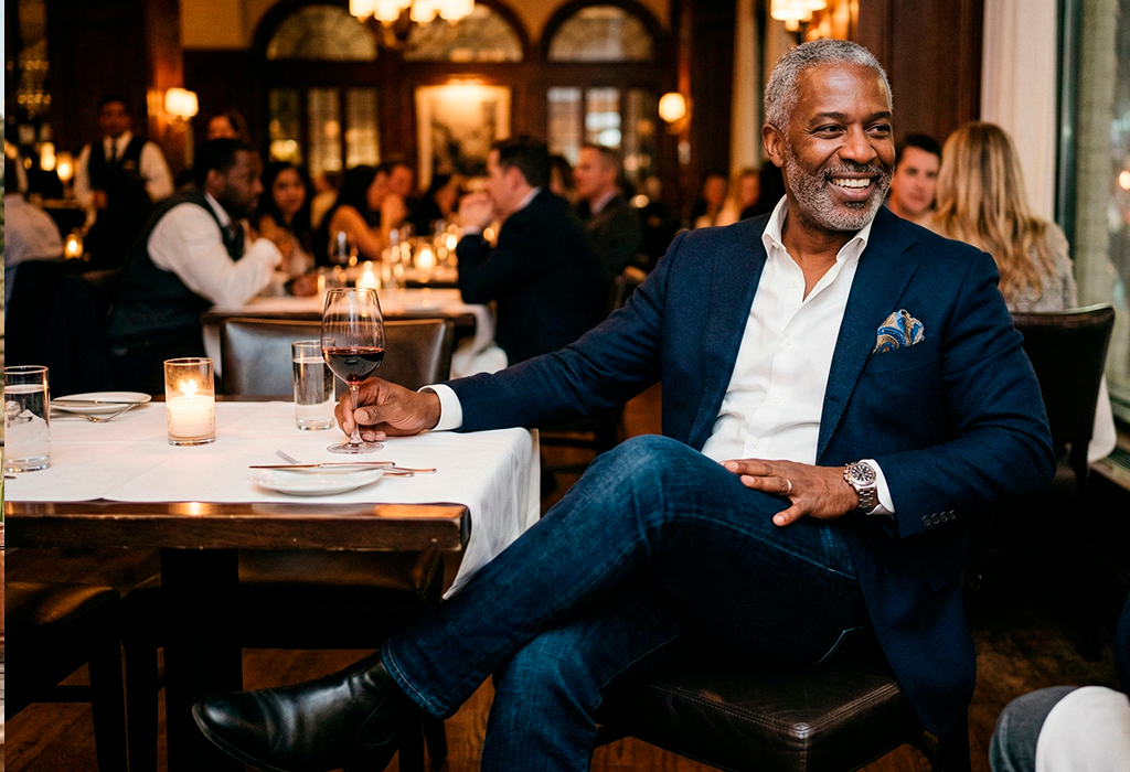 Man in a navy blazer and dark jeans sitting at a restaurant holding a wine glass—dressy jeans outfit for men over 40.