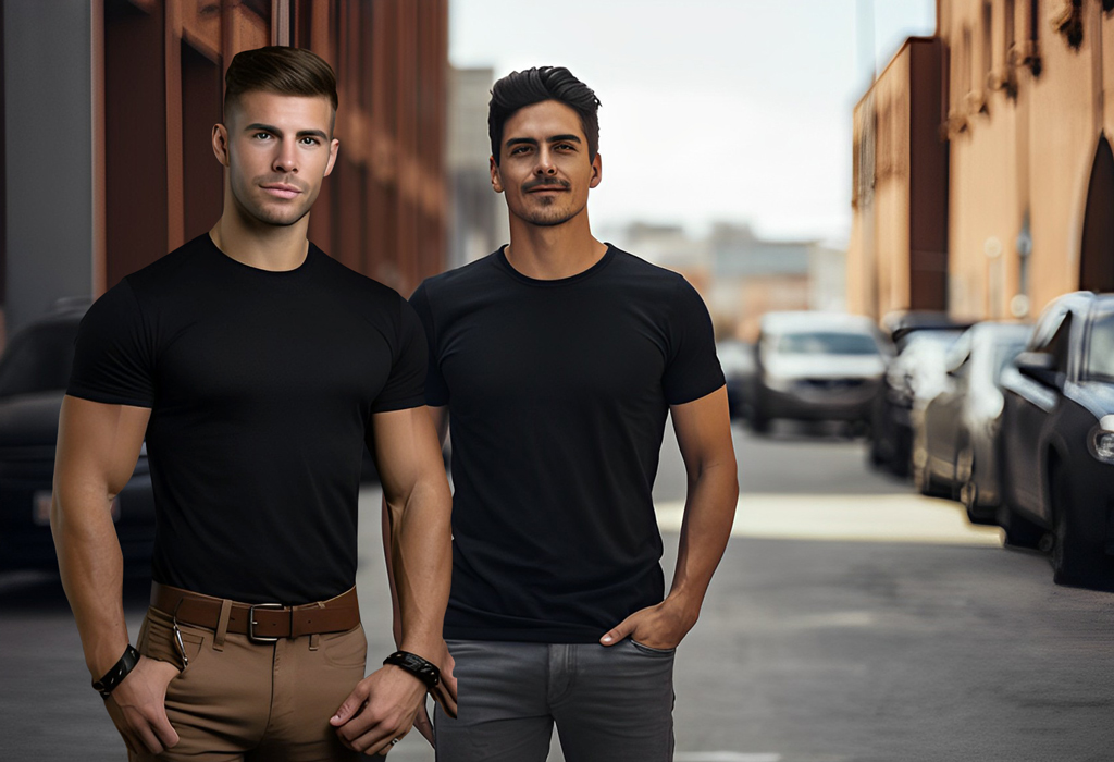 2 men wearing tucked and untucked t-shirts