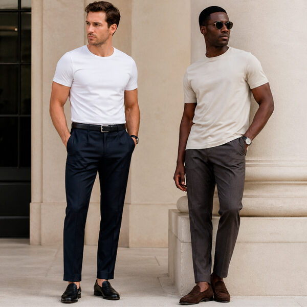 Two stylish men show tucked and untucked T-shirt outfits with tailored trousers.