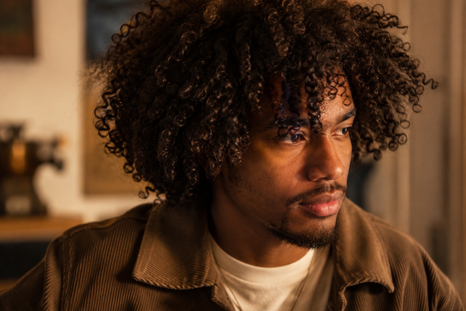 Man with voluminous coiled curls shown in warm light for men’s hair brushing guide.