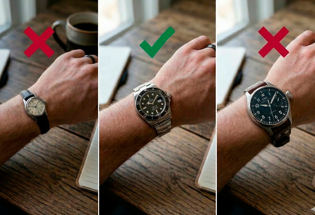 Three wristwatch styles compared on wrist, showing which case sizes look balanced or oversized.