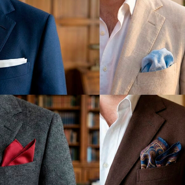 Four pocket square styles displayed in suits: presidential, puff, two-point, and Dunaway folds, showing different fabrics and colors.
