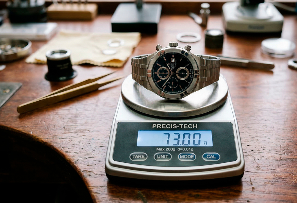 Stainless steel chronograph watch on digital scale showing weight as sizing consideration.