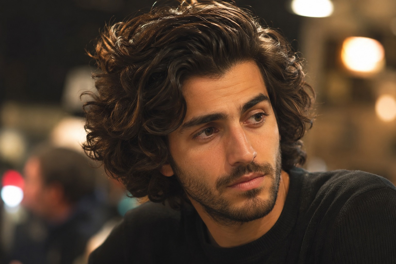 Man with thick, shoulder-length wavy hair showing natural movement and layered texture.