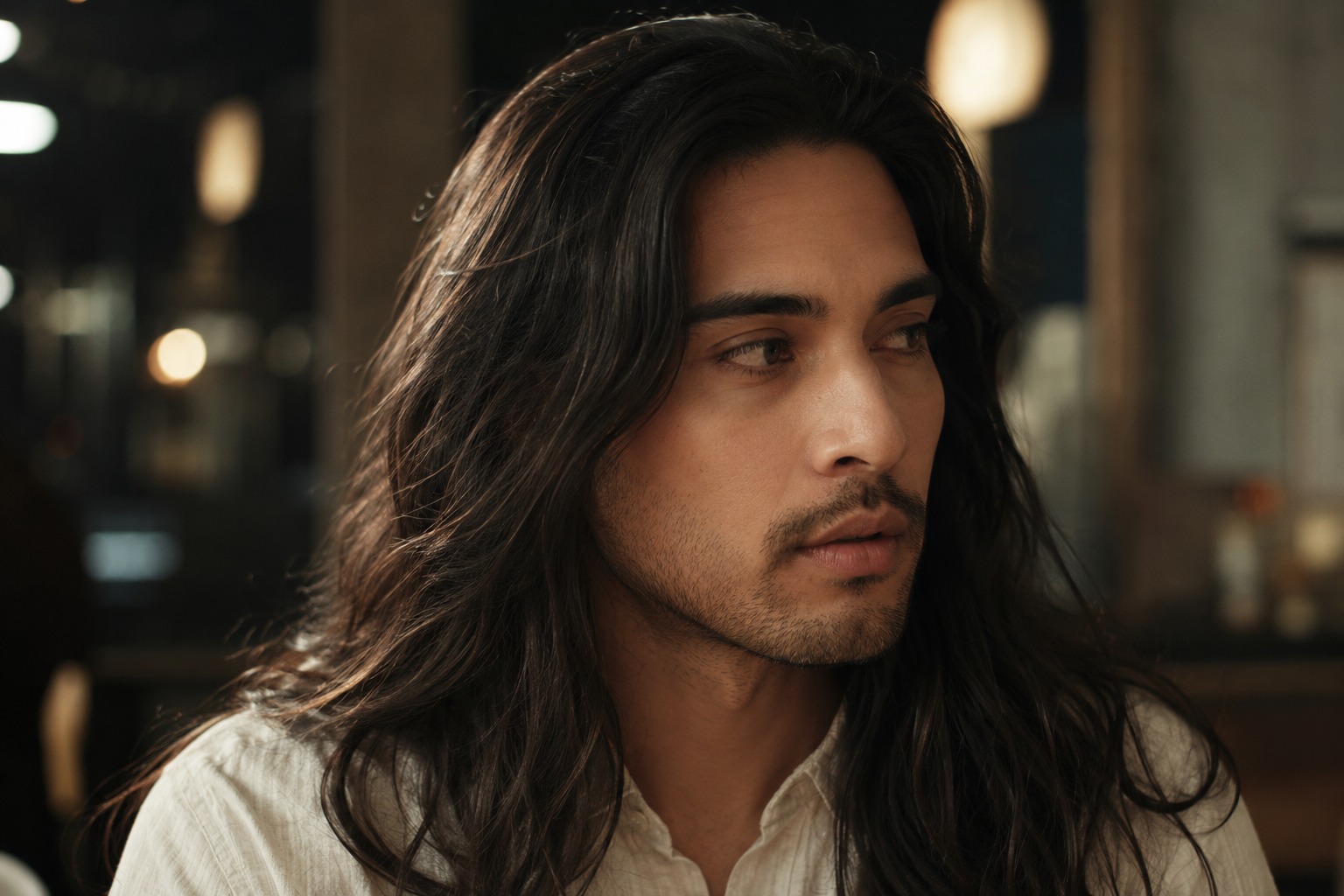 Man with long, straight dark hair demonstrating a smooth, well-maintained men’s hairstyle.