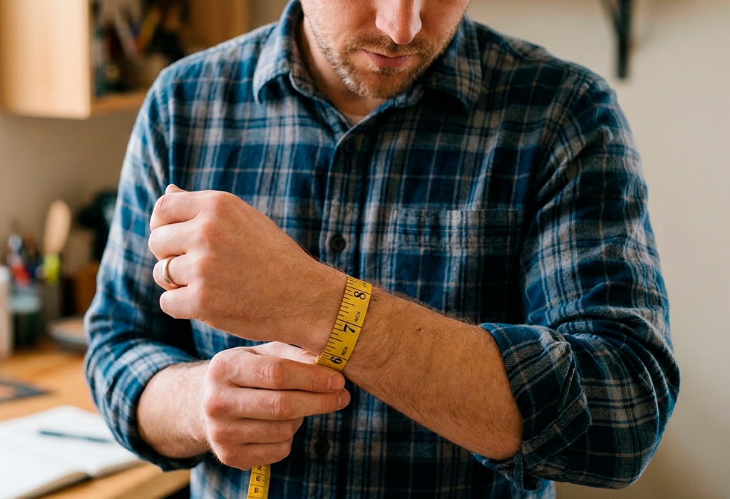 Man measuring wrist circumference with tape measure to determine ideal watch case size.