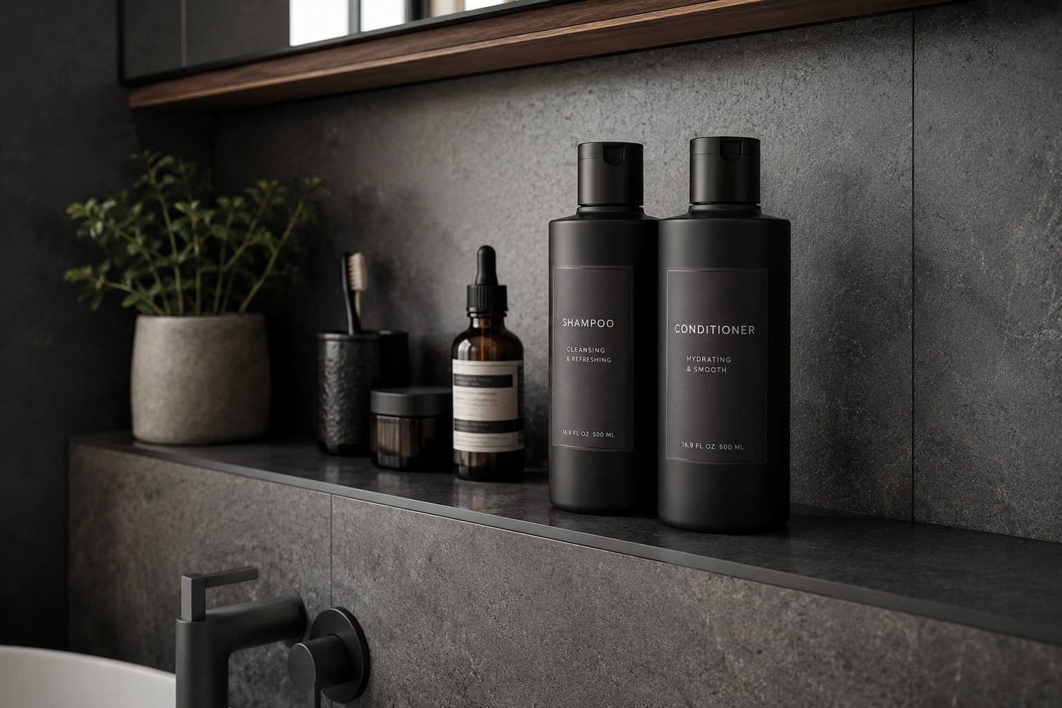 Minimalist shampoo and conditioner bottles displayed on a modern men’s bathroom shelf.