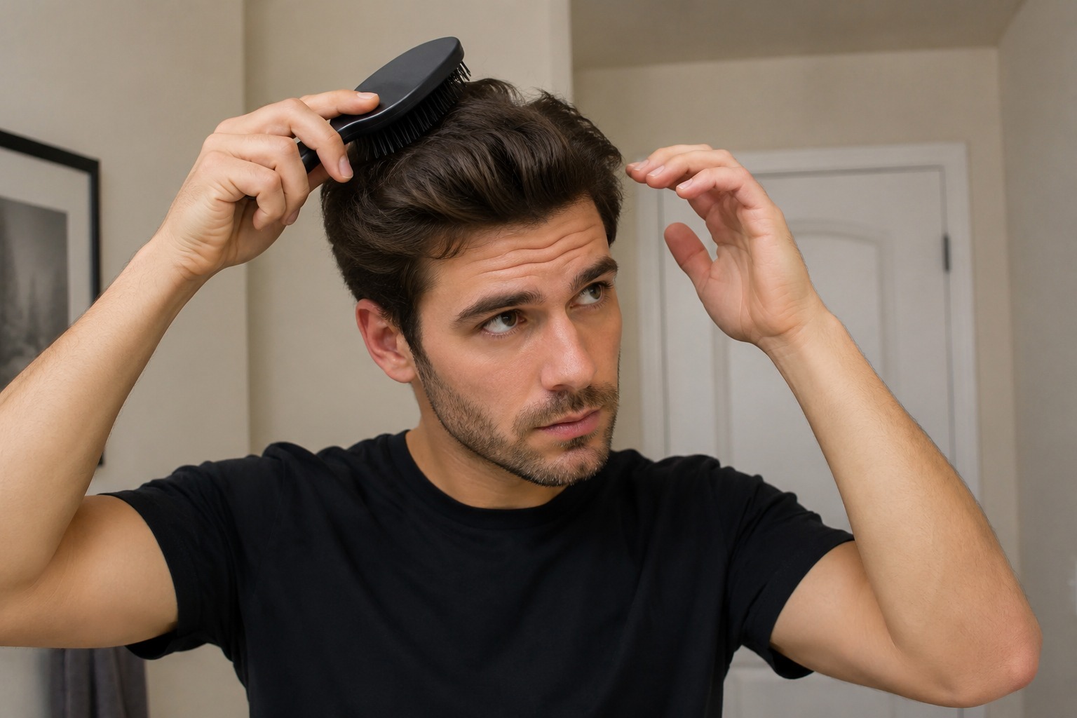 Man uses a brush and hair dryer to style wet hair in the bathroom.