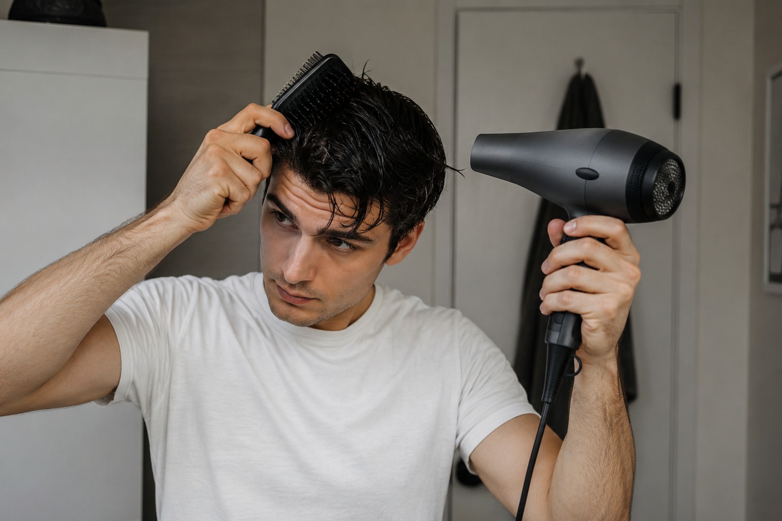 Man brushes and shapes dry, thick hair while styling it in a bathroom mirror.