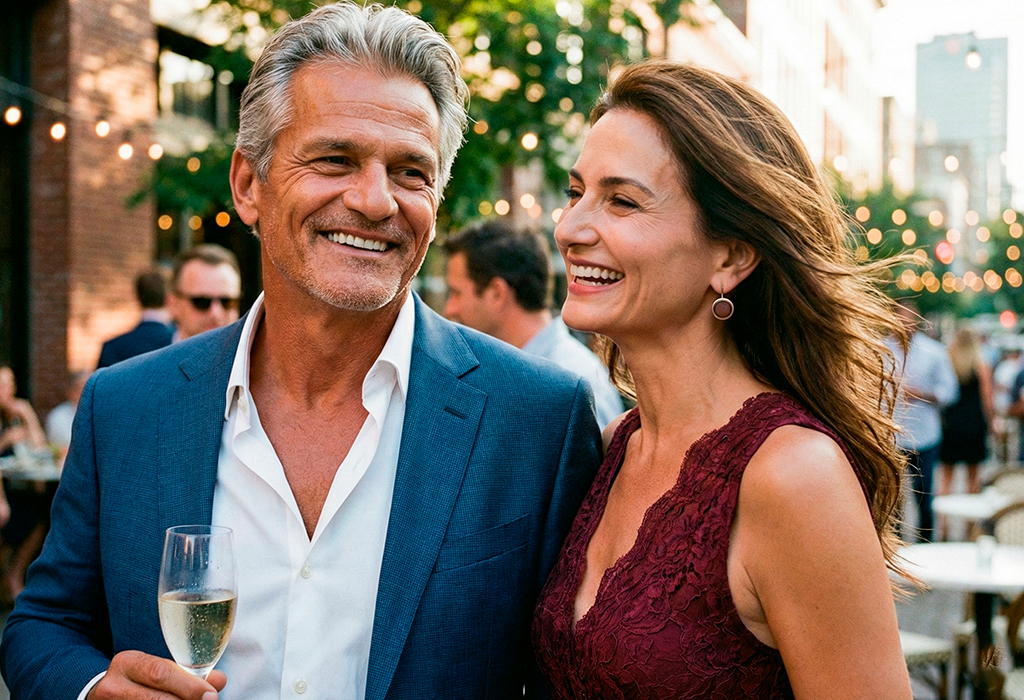 Stylish older couple laughing at an outdoor evening event, man in blue suit holding a drink