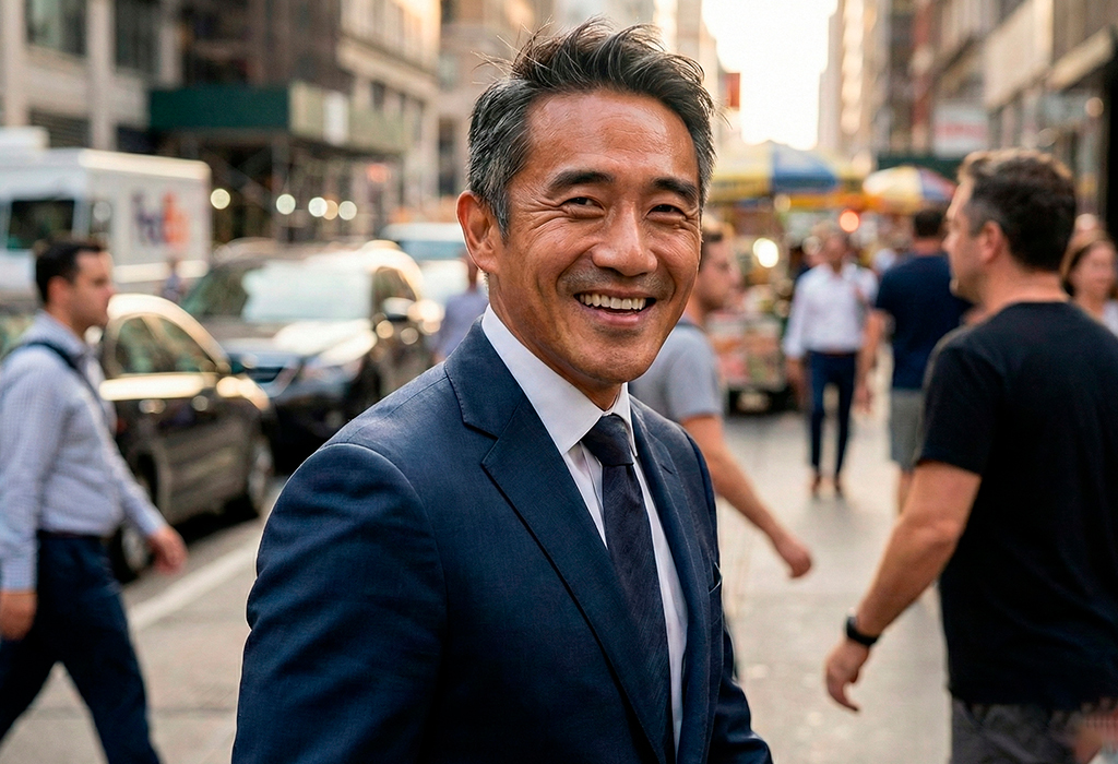 Confident older man in a navy suit smiling on a busy city street, showing sharp, mature style