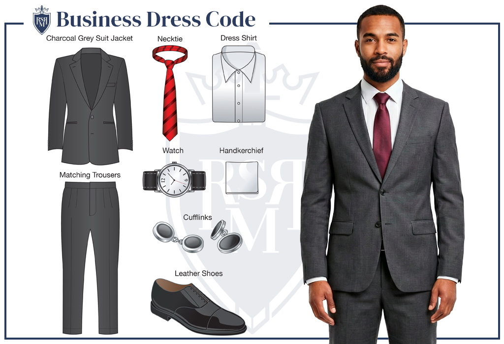 Business dress code infographic showing a charcoal gray suit jacket with matching trousers, white dress shirt, red tie, watch, pocket square, cufflinks, and black leather dress shoes, with a model wearing the complete suit.