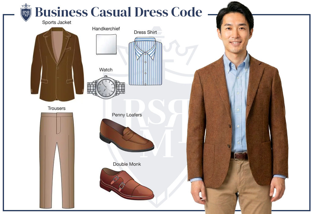 Business casual dress code infographic showing a brown sports jacket, light blue dress shirt, trousers, watch, pocket square, and dress shoes (loafers/monk straps), with a model wearing a brown blazer and khaki trousers.