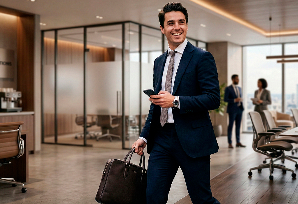 Young professional wearing a navy business suit with a white dress shirt and tie in a modern office, carrying a leather briefcase.