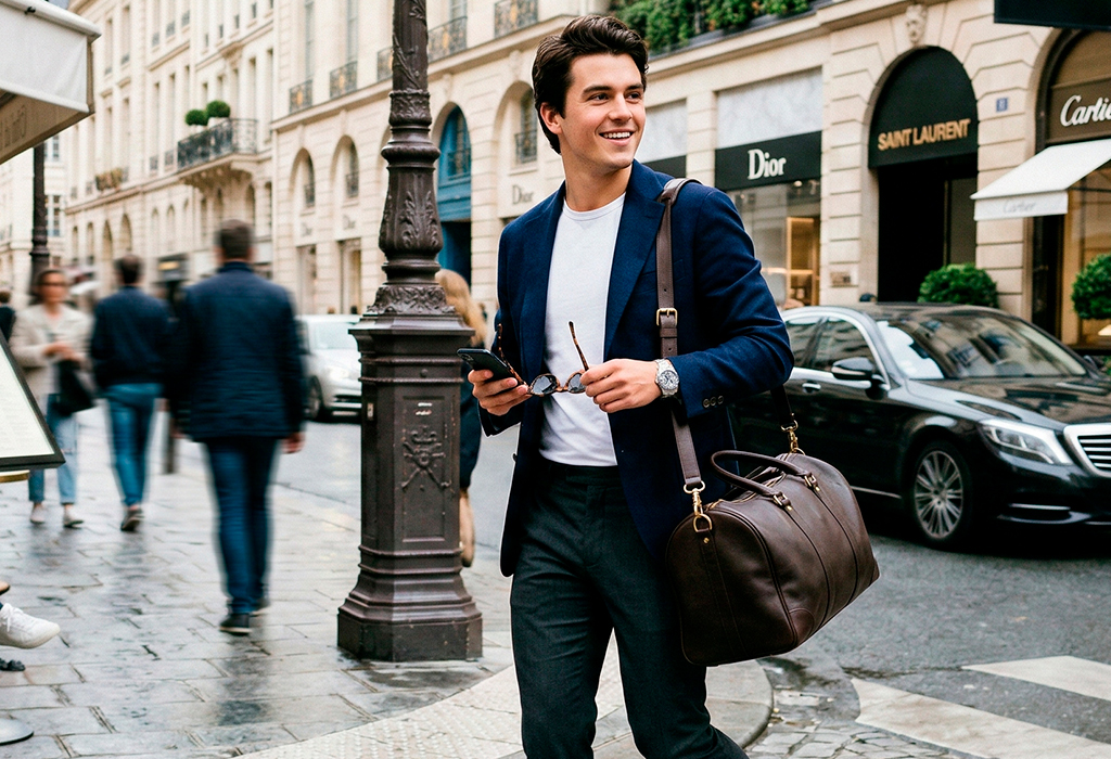 Young man in a smart casual look wearing a navy blazer over a white T-shirt with dark trousers, holding sunglasses and a duffel bag on a city street.