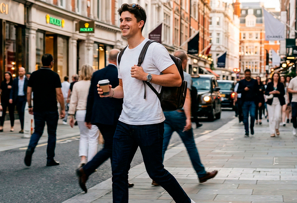 Young man in casual streetwear walking through a busy city wearing a white T-shirt, dark jeans, sneakers, and a backpack while holding a coffee.