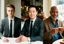Three men of different ages dressed in stylish suits—young, middle-aged, and mature—showing how to dress well at every age.