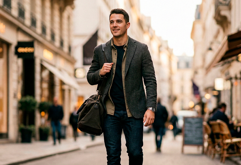 Young man in elevated casual style wearing a textured blazer over a button-up shirt with dark jeans, carrying a duffel bag on a city street.