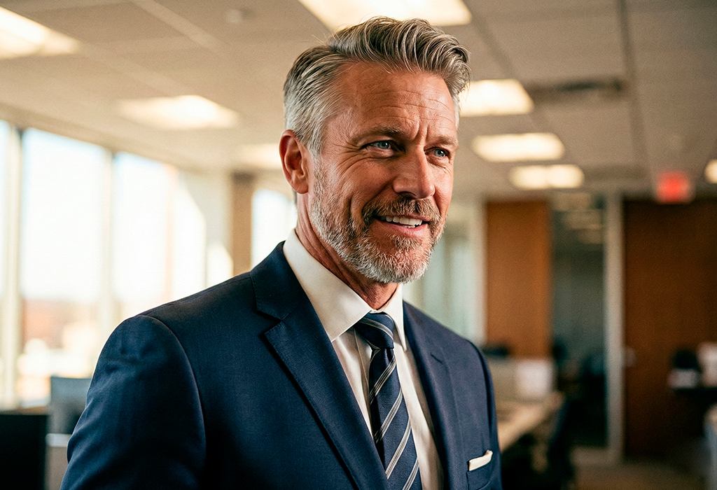 Confident older man in a navy suit standing in a modern office environment, calm and professional