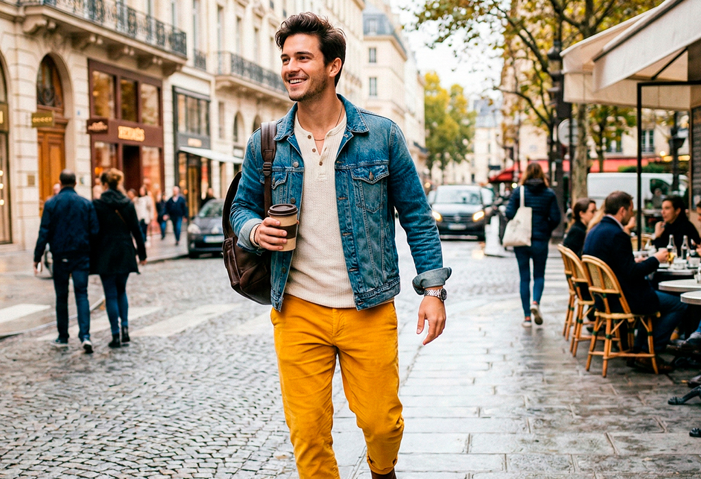 Young man showing bold casual style wearing a denim jacket and bright corduroy trousers while walking outside with a coffee.