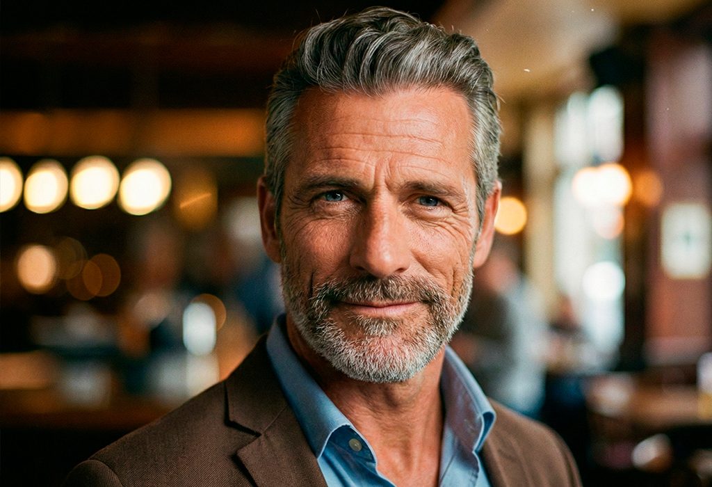 Close-up portrait of an attractive older man with gray hair and beard, relaxed and self-assured