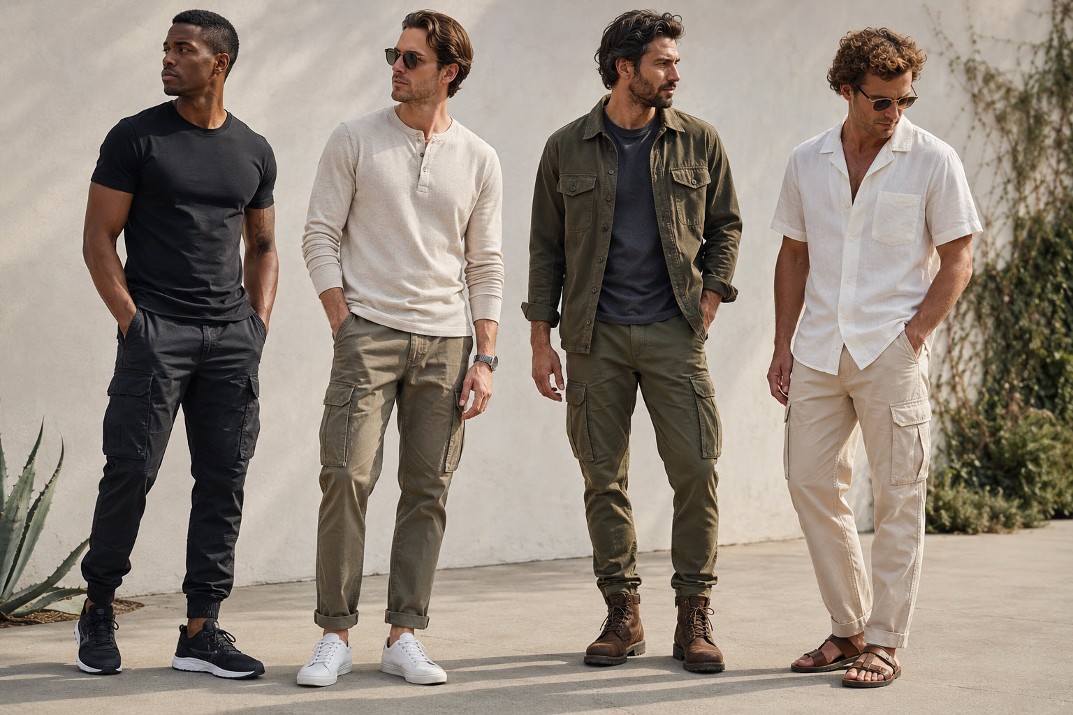 group of 4 men all dressed in cargo pants