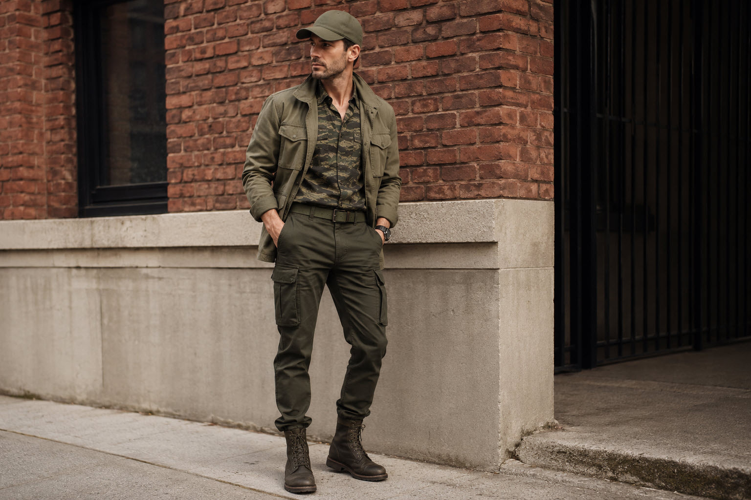 man wearing military style outfit with cargo pants