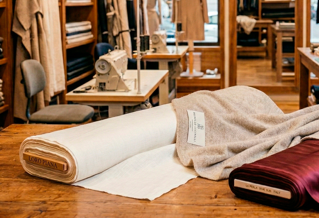 Tailor shop workspace with rolls of high-quality fabric on a wooden table, including a Loro Piana cloth roll, with sewing machines and garment materials in the background.