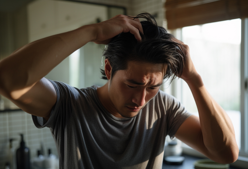 man examining his hair before home haircut