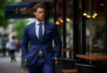 man walking and wearing navy blue suit