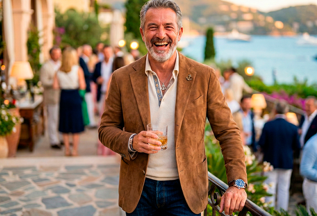 Older man showing personal style in a tan suede blazer layered over a knit top and collared shirt, wearing jewelry and a watch, holding a drink at an outdoor event by the water.