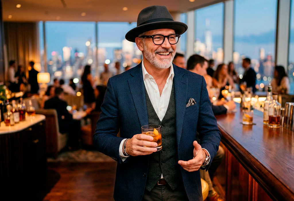 Older man in a stylish evening look wearing a fedora, navy blazer, waistcoat, open-collar shirt, pocket square, bracelets, and watch while holding a drink at a rooftop bar.