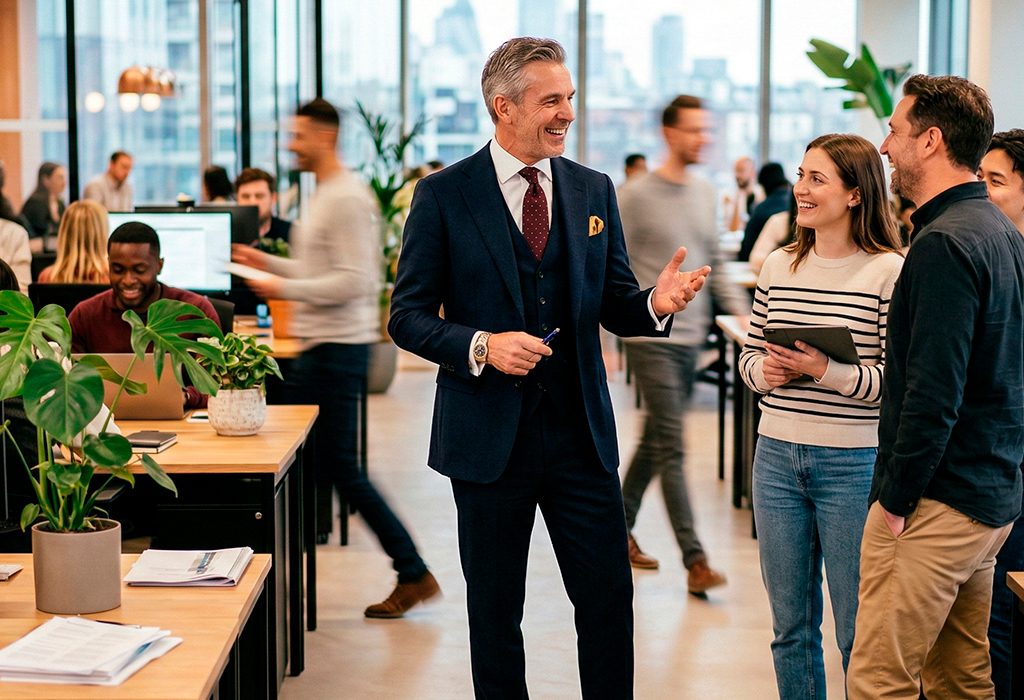 Older man in a navy suit and tie talking with coworkers in a modern open office, showing a sharp professional look for men in their 40s–60s.