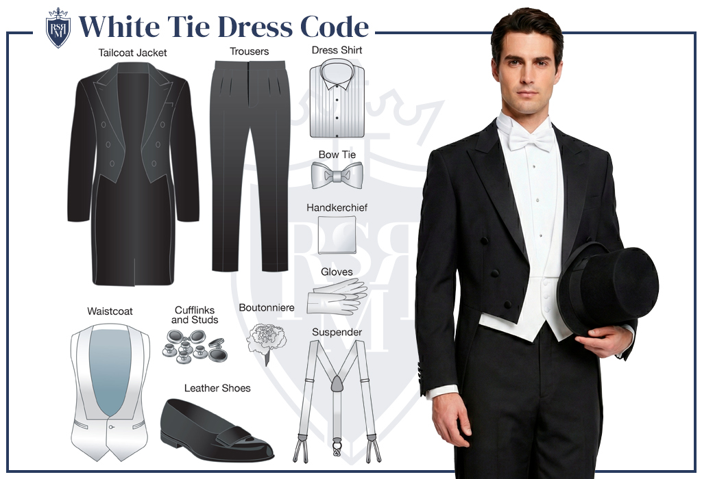 White tie dress code infographic showing a black tailcoat, matching trousers, white waistcoat, formal dress shirt, white bow tie, gloves, suspenders, boutonniere, cufflinks and studs, and black dress shoes, with a model in full white-tie attire.