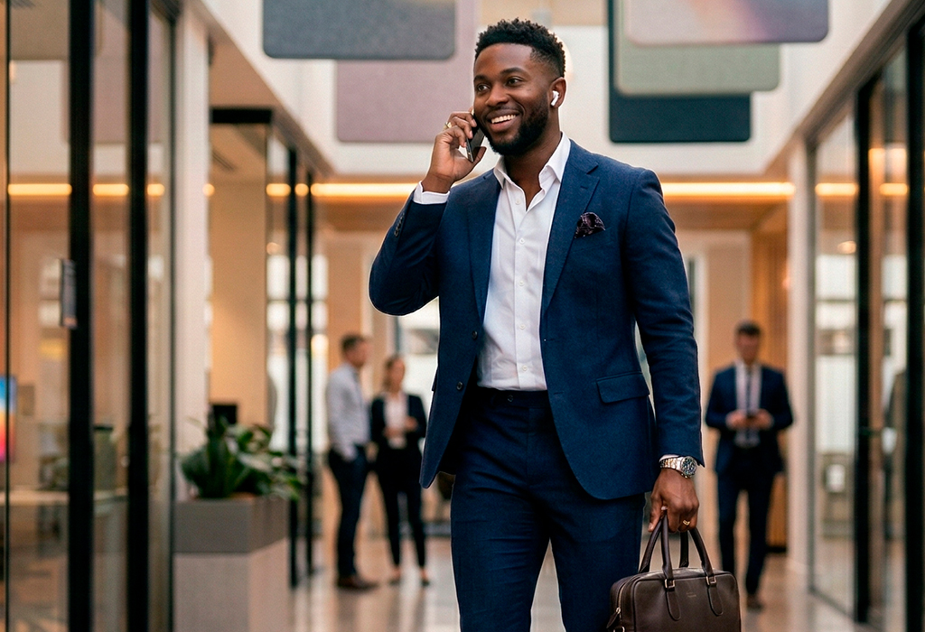 Young man in business attire wearing a navy suit and white shirt, talking on the phone while walking through an office corridor with a briefcase.
