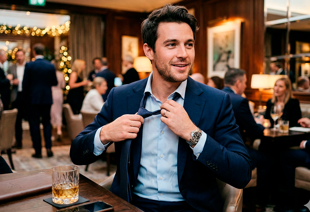 Man in a suit loosening his tie in a lounge bar to look less overdressed, showing how to dress down formalwear for social settings.