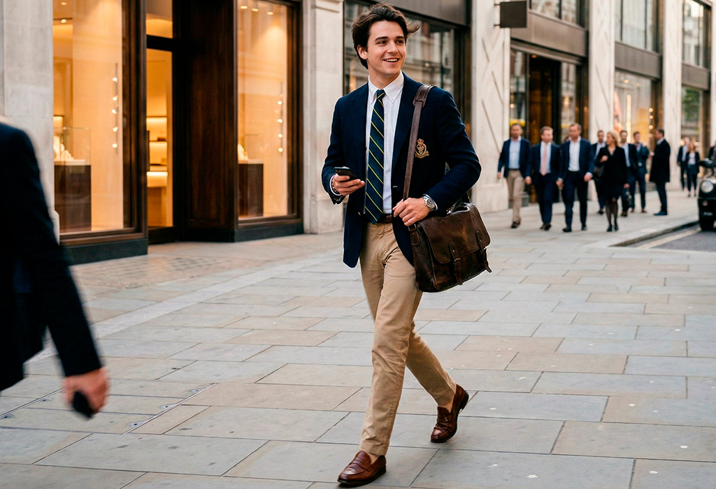 oung man in a preppy outfit walking in the city wearing a navy blazer, striped tie, khaki chinos, and brown loafers with a leather messenger bag.