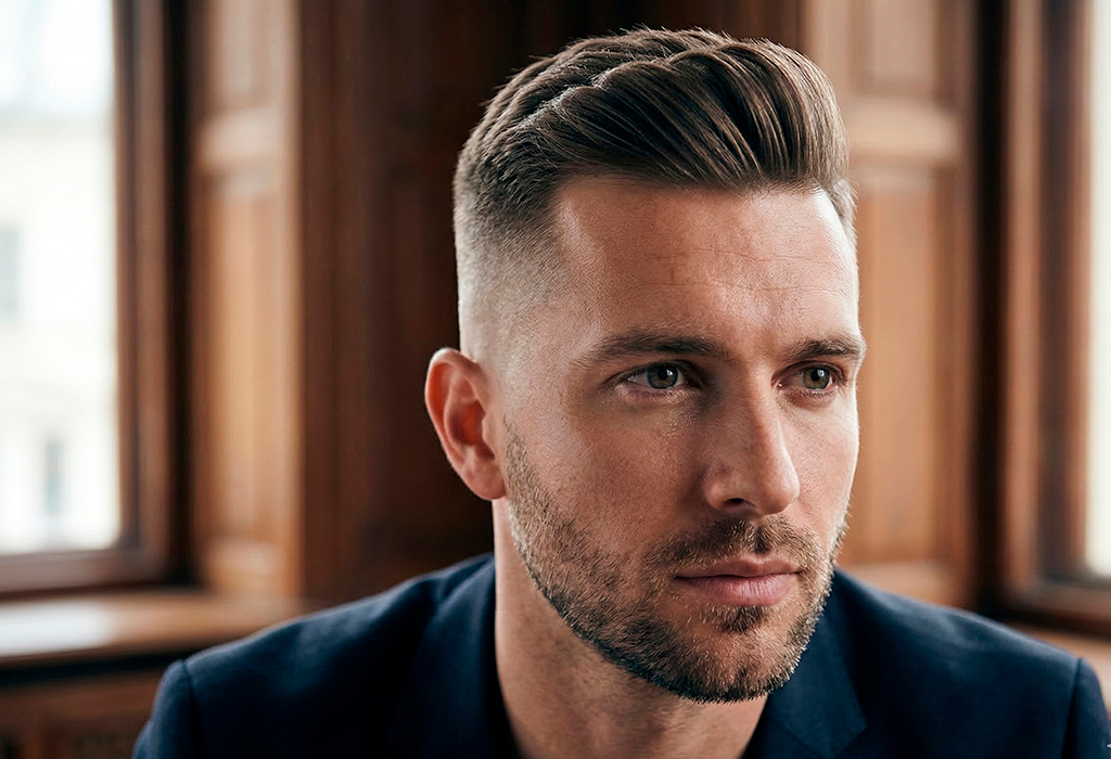 Man with high and tight haircut creating sharp sides and height on top for taller appearance