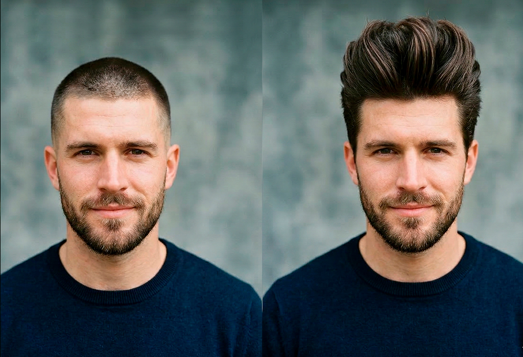 Side-by-side comparison showing buzz cut versus voluminous hairstyle demonstrating how height-enhancing hair increases perceived stature.