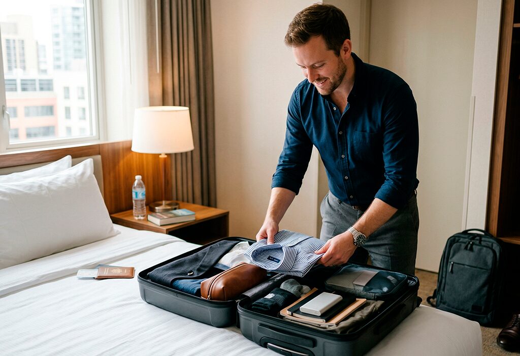 Man packing dress shirts and travel essentials into suitcase in hotel room