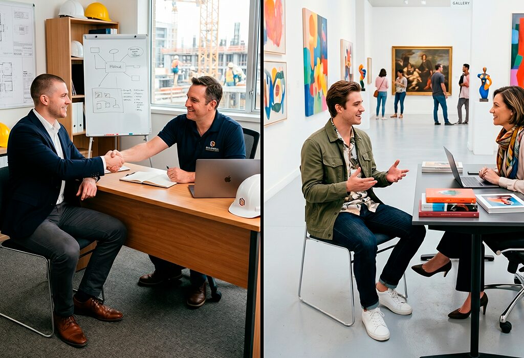 Split-screen comparison of two job interview settings, with a suited man shaking hands in a formal office on the left and a casually dressed man interviewing in a creative gallery space on the right.